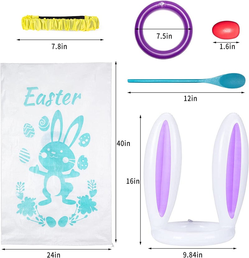 ThinkMax 4 Players Easter Outdoor Party Games for Kids and Family - Potato Sack Race Jumping Bags, Legged Relay Race Bands, Egg and Spoon Race and Inflatable Bunny Ring Toss Games - Easter Party Supplies - Image 2